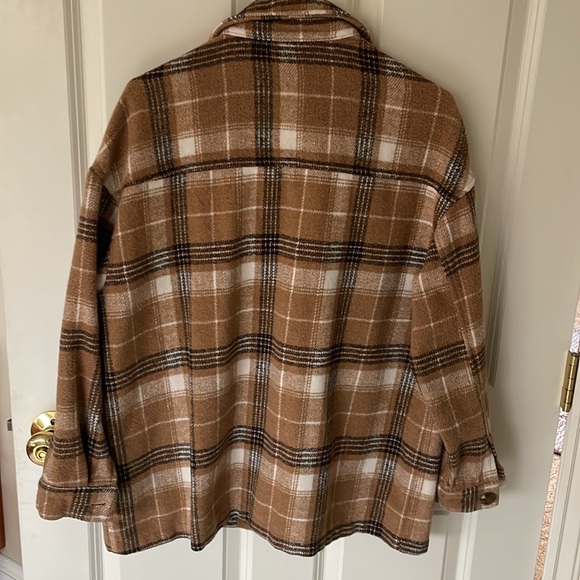 Paper Crane Wool-Blend Button Down Khaki Plaid Shacket - Picture 2 of 8